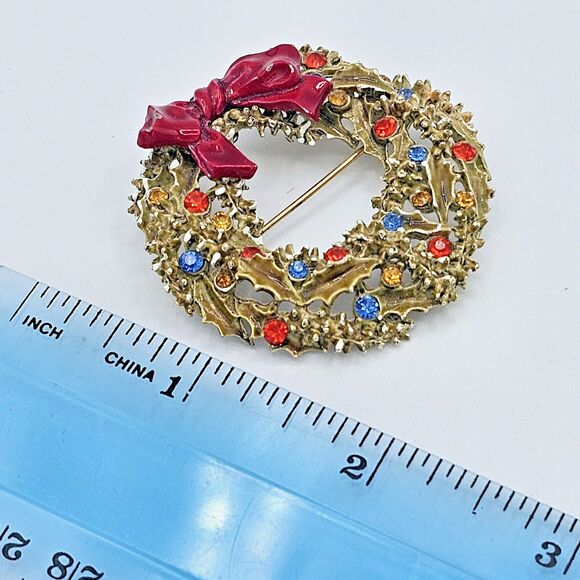 ART Christmas Wreath Brooch Vintage Enamel Signed Holiday Arthur Pepper Jewelry - Picture 8 of 11